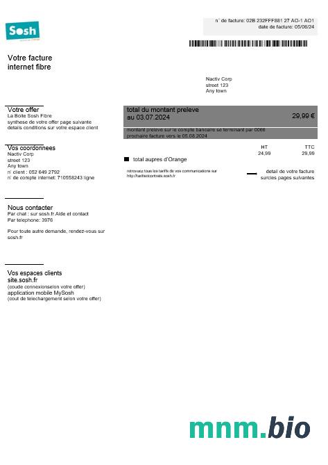 Francja Sosh rachunek za usługi komunalne Word i PDF template1